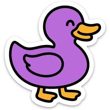 happy purple duck, simple 2D drawing, minimal detail, flat colors sticker