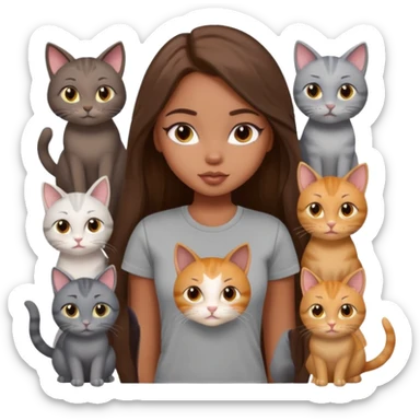 a pretty bratz dusky girl with long brown hair with six cats nd wearing a grey tshirt sticker