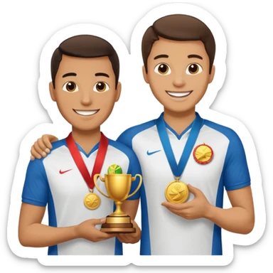 winner ceremony with one guy handing another guy a trophy. One of them having a medal around his neck. the other not sticker