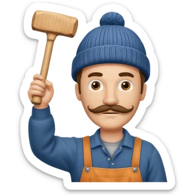 Woodworker thick mustache knit cap Carharttk shirt hand raised above head sticker