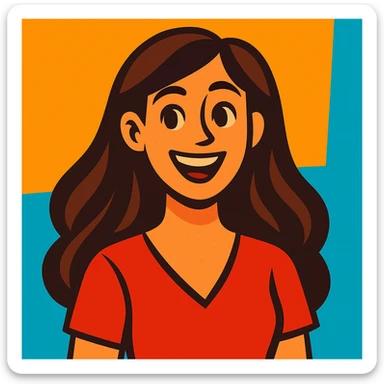 a woman with long chocolate brown hair wearing a red v-neck top, vibrant cartoon style sticker