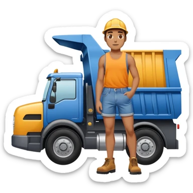 Man with micro denim booty shorts standing in front of a dump truck  sticker