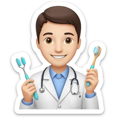 dentist, smiling, holding toothbrush sticker