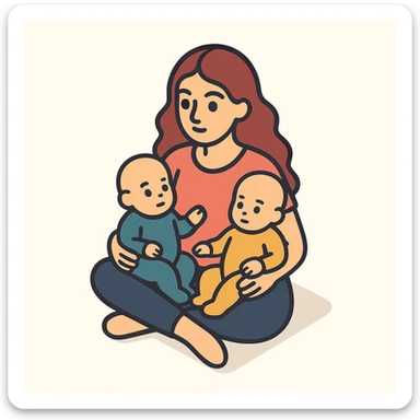 A woman with long wavy hair, large expressive eyes and lips, sitting cross-legged with two babies on her lap, with soft shadows and highlights, in 2D isometric illustration style, inspired by the reference image. sticker