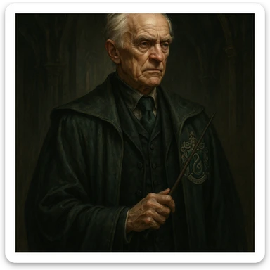 an old version of Draco Malfoy, Slytherin wizard, silver hair, sharp features, elegant robes, looking aged, fantasy style sticker