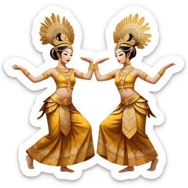 ​Cinematic Realistic Traditional Javanese Dancers, depicted as two graceful dancers in ornate traditional costumes with intricate batik patterns and elaborate headpieces, captured in dynamic poses during a ritual dance in an ancient temple courtyard, rendered with soft golden lighting and rich cultural textures, sticker