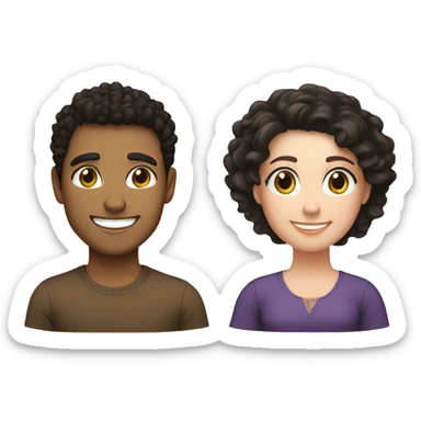 Hispanic male with black curly hair and brown eyes smiling next to white female with brown hair and hazel eyes sticker