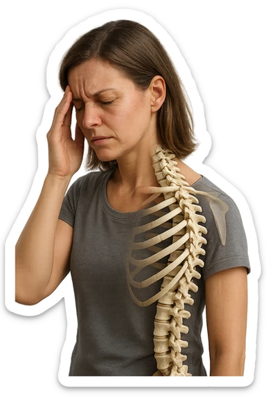 donna stanca che si tiene una mano sulla tempia con spina dorsale anatomica visibile, iperrealistico 4k sticker