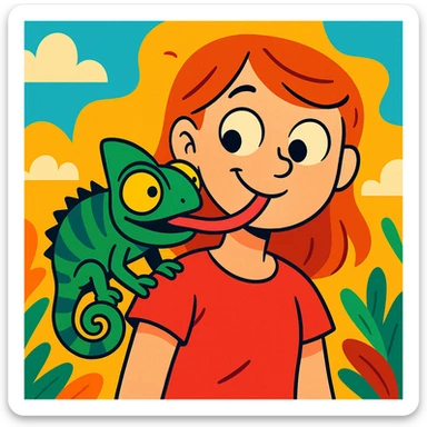 cartoon chameleon with large eyes and long tongue licking a girl's shoulder, humorous, bright colors sticker