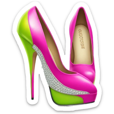 Realistic isolated top view of a pair of hot pink to lime green pointed toe high heel shoes with diamonds on them. sticker