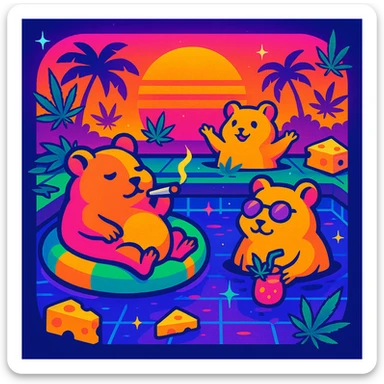 Discord server icon, square format, vibrant pool party at sunset with up to 3 hamsters, weed leaves, cheese, and THC theme, no disco ball, vaporwave style, bold neon colors, high contrast, dreamy gradients, sparkles, nostalgic, fun, inviting, summer party vibe, clear composition, less cutesy sticker