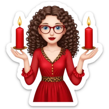 a blue eyed woman with very long brunette curly hair, full lips,and really pale skin. She is wearing a leopard printed thin round-ish glasses . She is wearing fully plain silky red dress. She is flying on the air. There are red candles in her hands. She is making a magic. sticker