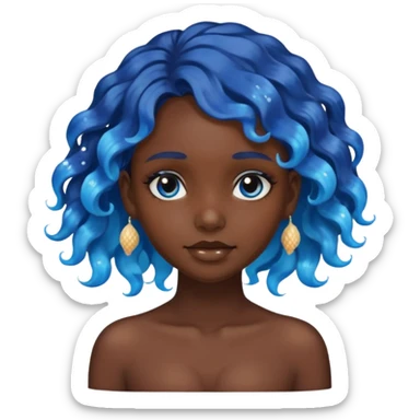 dark skinned girl with shiny blue wavy hair decorated with sea shells, head only, emoji style sticker