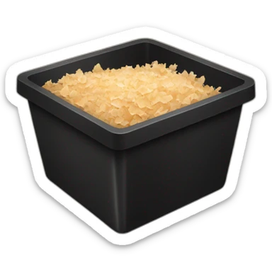 Black cubic plastic container with wood shavings inside sticker