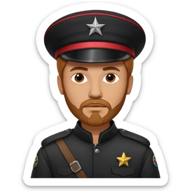 A full body tall guy with a red goatee. He wears a black military barret dressed like a star wars smuggler  sticker