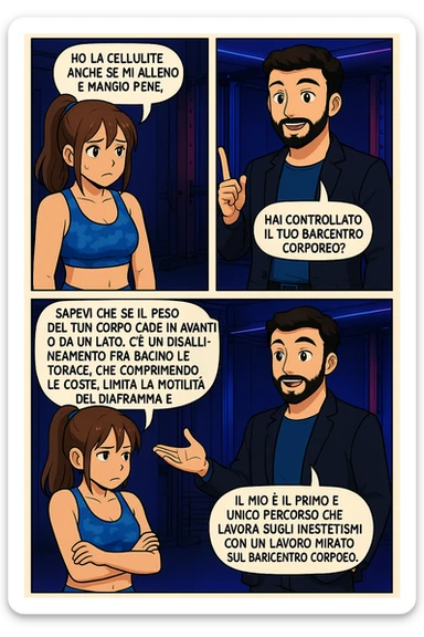PRENDI SPUNTO DA QUESTO STILE FACENDO UN WEBTOON/MANGA:

LEI (DONNA): Ho la cellulite anche se mi alleno e mangio bene, cosa posso fare?

LUI (UOMO): Hai controllato il tuo baricentro corporeo?
LUI (UOMO): Sapevi che se il peso del tuo corpo cade in avanti o da un lato, c’è un disallineamento fra bacino e torace, che comprimendo le coste, limita la motilità del diaframma e l’ossigenazione dei tessuti?
LUI (UOMO): Il mio è il primo e unico percorso che lavora sugli inestetismi con un lavoro mirato sul baricentro corporeo. sticker