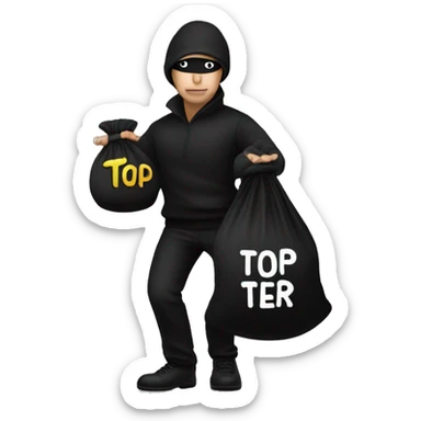 Thief wearing all black clothes actively stealing a money bag with the words Top Tier embroidered on it sticker