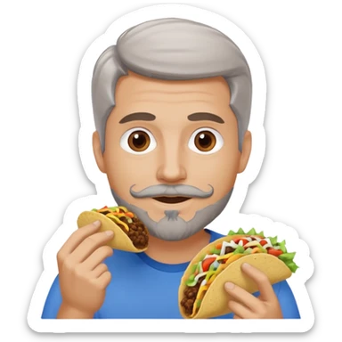 White man, blue eyes, brown gray hair, gray goatee, eating a taco sticker