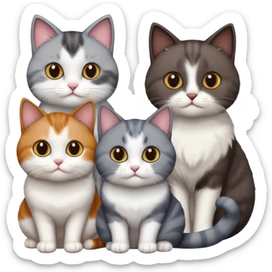 4 different coloured short haired cats including; a dark brown and white cat, and a dark grey and white  sticker