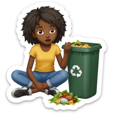 Black girl looking homeless eating food from a trash can on the floor sticker
