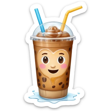 A 3D cartoon plastic cup of iced coffee with straw, clear lid, ice cubes floating, realistic condensation, bright sunlight, Memoji-style. sticker