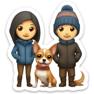 Boy and girl with winter clothes in front of fire with two chihuahuas alongside  sticker