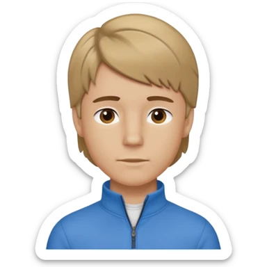 boy with dark blonde hair in a mullet to the front, with a neat blue shirt (not a t-shirt) and brown quarter zip sticker