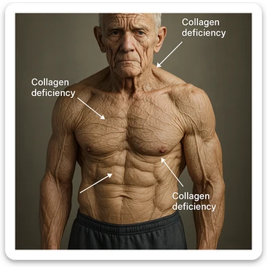 hyper realistic young bodybuilder aged due to low collagen, well visible muscles, skin with grooves and loss of elasticity, arrows showing collagen deficiency, neutral atmosphere sticker