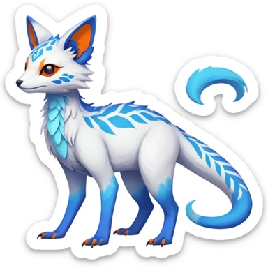 Rare realistic exotic white and neon-blue and neon-orange epic pretty beautiful handsome gorgeous aesthetic colorful vibrant Vernid-Trico-species-Fakemon-creature by LiLaiRa, 4 legs, 1 tail, random markings, (full body) sticker