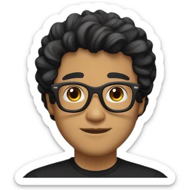 Light Brown guy, black wavy hair, no facial hair, transparent round glasses, black t shirt sticker