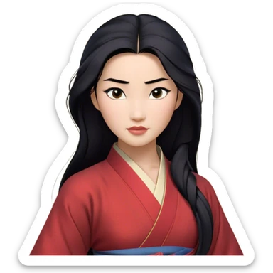Cinematic Realistic Mulan Portrait, depicted with lifelike skin texture, soft natural lighting, and intricately detailed long black hair styled elegantly. Her deep, expressive eyes exude determination and grace, complemented by a serene yet confident expression. She is dressed in her classic attire, with rich fabric textures and delicate folds that catch the light beautifully. The portrait features a soft, enchanting glow with a natural, radiant finish, capturing the essence of timeless strength and beauty in a realistic and painterly style, evoking a sense of depth and authenticity. sticker