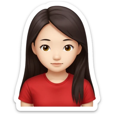 Cute asian girl with long hair and red t shirt who is judjing sticker