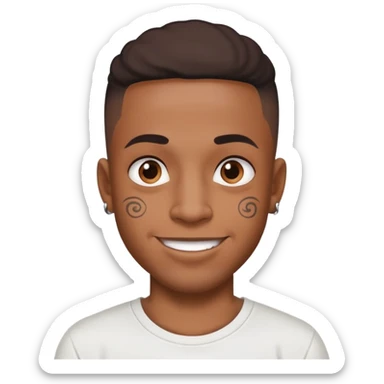 black man with small face tattoos, cheerful expression, wearing a t-shirt sticker