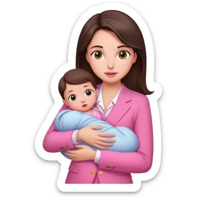 Brune girl pink suit with baby sticker