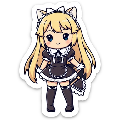 petite blonde catgirl woman long hair freckles shy lace French maid thigh highs sticker