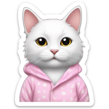 White cat with a pink pyjama with a paw drawed into sticker