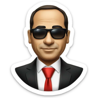 Satirical cartoon Egyptian President Al Sisi in a tuxedo wearing sun glasses with egyptian flag sticker