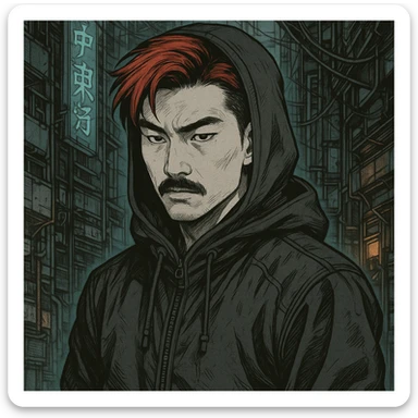 Asian man with black mustache, red hair, black hoodie, Japanese manga style inspired by Ghost in the Shell, cyberpunk atmosphere, detailed linework, monochrome with subtle color accents sticker