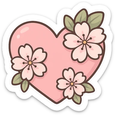 pink heart with sakura flowers, chibi stickers style sticker