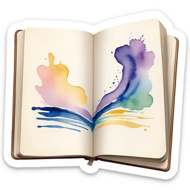 Cinematic Realistic image of an open sketchbook accompanied by a set of translucent watercolors, with delicate pigment stains and soft, flowing brushstrokes, captured under gentle, diffused lighting that highlights creative fluidity sticker