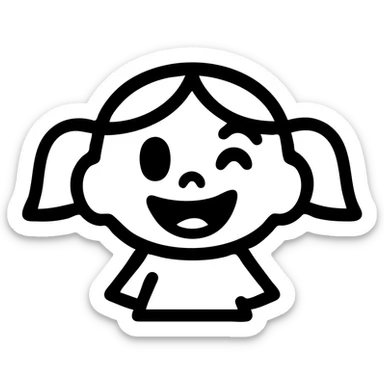 Monica Toy character as a bold outlined icon, playful expression, minimal color sticker