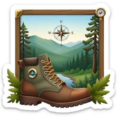 Frameless emoji for Hunting Tourism: a rifle, hunting boots, and a compass on a forest background, with a silhouette of wildlife in the distance. The icon should capture the adventure and connection with nature in hunting tourism. Transparent background. sticker