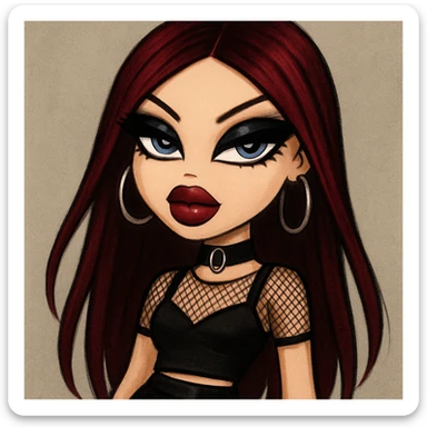 A pretty Bratz-style baddie with an emo alternative vibe: long dark red hair, pale skin, blue eyes, strong black eyeliner, confident expression. sticker