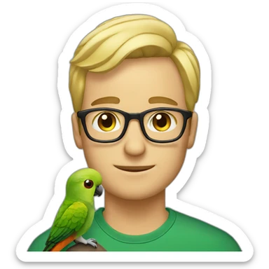 blonde man with glasses and a green cheeked conure on his shoulder sticker