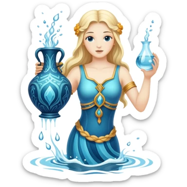 The zodiac symbol Aquarius. A mystical and beautiful water bearer, holding and pouring water into the sea from a large, intricate, and arcane vase sticker