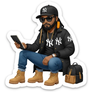 African American man with shoulder length black dreadlocks with black beard wearing black sunglasses wearing a black New York Yankees logo baseball cap wearing a black bubble winter coat with denim skinny jeans and wheat timberland boots writing a letter sticker