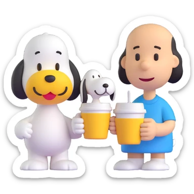 Add Woodstock standing next to Snoopy, both holding a coffee cup, in the 3D emoji style, no background. sticker