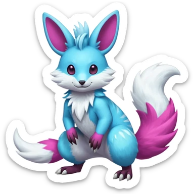 Shiny smooth silky soft Cyan-Magenta Minccino-Zeraora-Emolga-Vernid-Sergal-fusion-hybrid-animal-creature, full body sticker