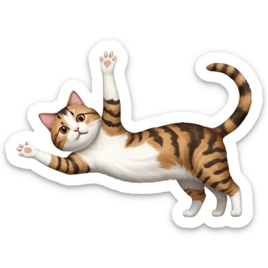brown tabby and white cat with doing a big extremely long stretch reaching up into the air with arms and legs side by side together straight and overextended whilst lying on its side sticker