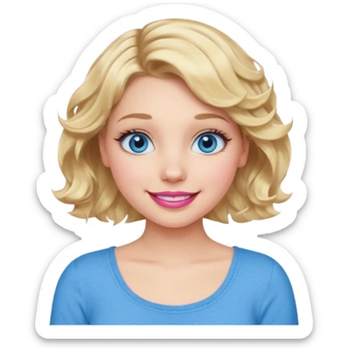 Girl Blonde short wavy hair,  blue eyes, cute blue top, long lashes, pink lips, 👄 big smile sticker